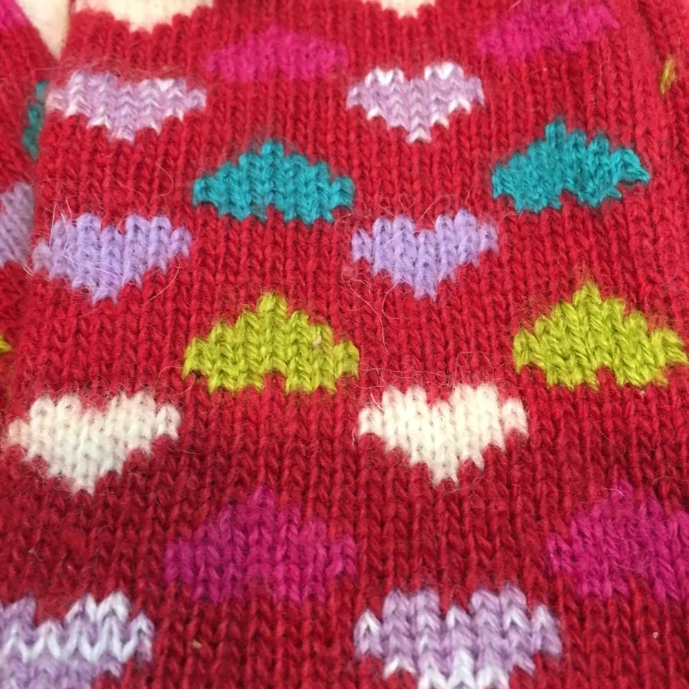 Burgundy Knit Wool Angora Fingerless Gloves Pom Pom Ties Multi Color‎ Hearts New